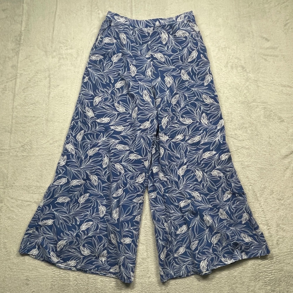 Midnight Sky Wide Leg Pants Women M Blue White Leaf Print Linen Blend Relaxed